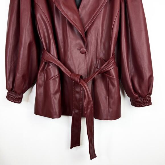 NWOT Zara Blogger Maroon Faux Leather Belted Oversized Blazer Jacket. - Picture 9 of 11